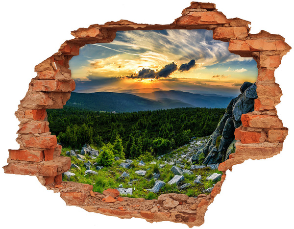 3D wall hole wallpaper Sunset in the mountains