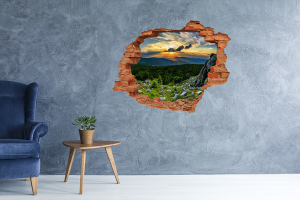 3D wall hole wallpaper Sunset in the mountains
