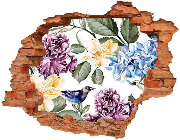 3D wall hole wallpaper Flower paradise with a bird