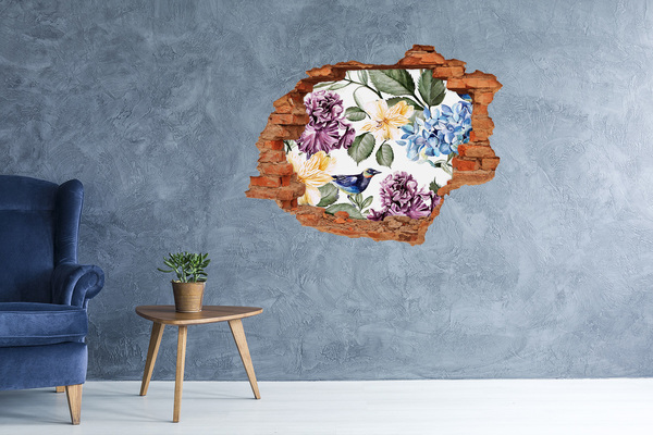 3D wall hole wallpaper Flower paradise with a bird