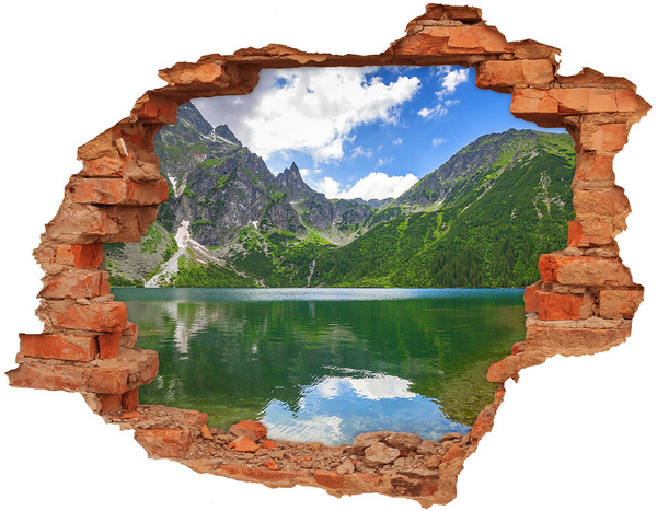3D wall hole wallpaper Mountain landscape by the lake