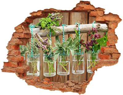 3D wall hole wallpaper Herb garden in jars