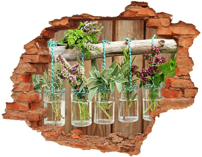 3D wall hole wallpaper Herbs in jars