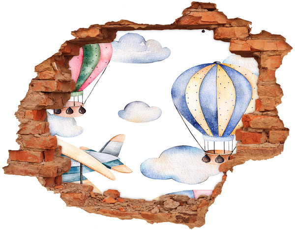 3D wall hole wallpaper Balloon flight above the clouds