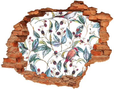 3D wall hole wallpaper A bird among the blackberries