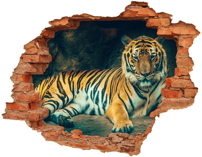 3D wall hole wallpaper Tiger in a cave