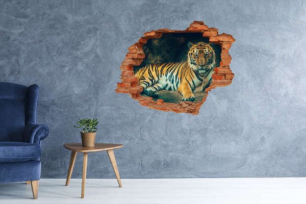 3D wall hole wallpaper Tiger in a cave