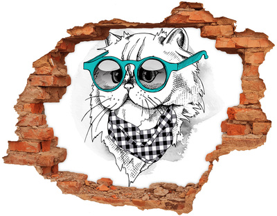 Hole in the wall decal Cat with glasses