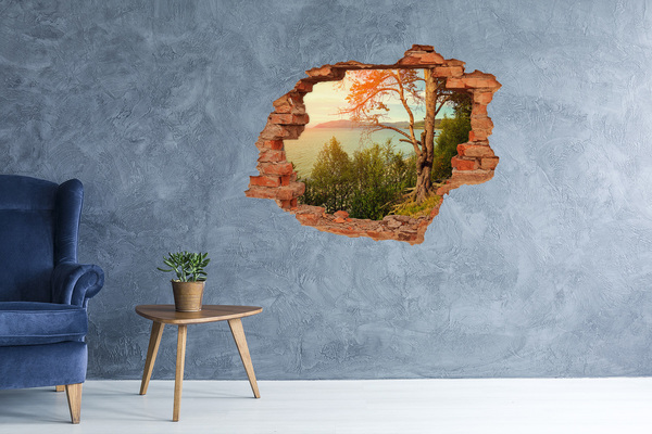 3D wall hole wallpaper View of the lake with a tree