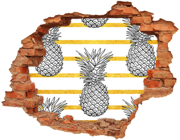 Hole wall sticker Pineapple on a background of gold stripes