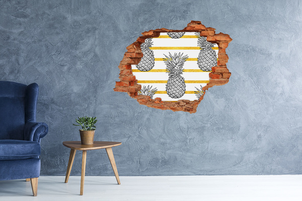 Hole wall sticker Pineapple on a background of gold stripes