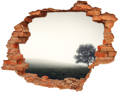 3D wall hole wallpaper A misty clearing with a lonely tree