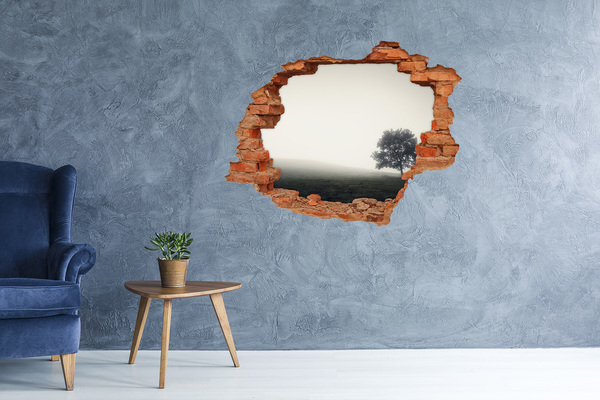 3D wall hole wallpaper A misty clearing with a lonely tree