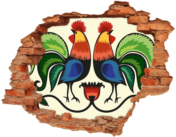 Hole in the wall decal Colorful roosters on the wall background