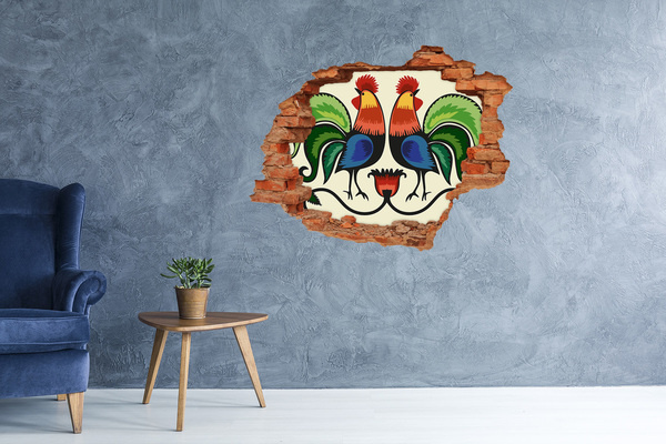 Hole in the wall decal Colorful roosters on the wall background