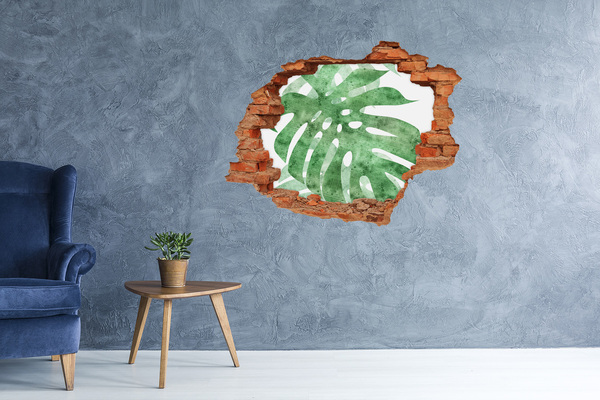 3D wall hole wallpaper Green leaf in a damaged wall