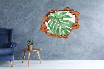 3D wall hole wallpaper Green leaf in a damaged wall