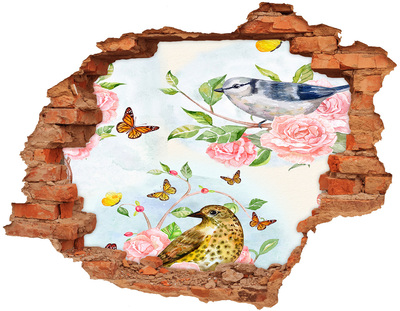 3D wall hole Birds in the rose garden