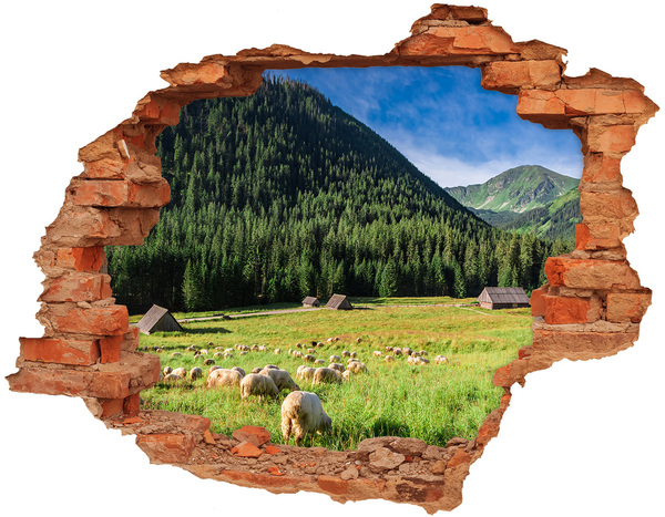 3D wall hole wallpaper Green valley with sheep