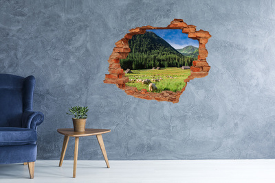 3D wall hole wallpaper Green valley with sheep