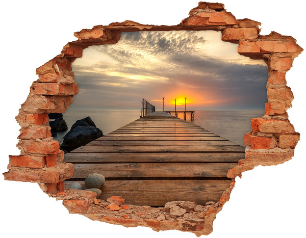 3D wall hole wallpaper Sunset over the pier