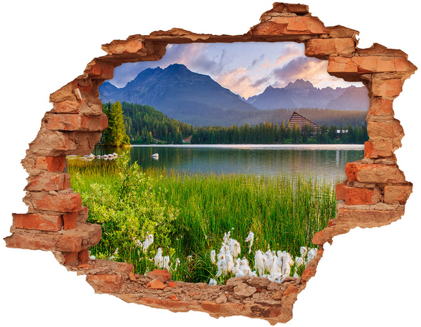 3D wall hole wallpaper Mountain landscape by the lake