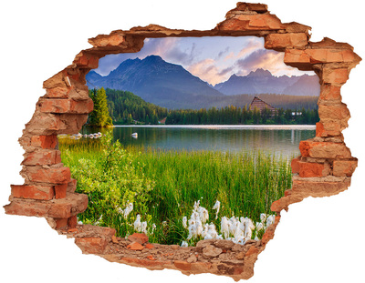 3D wall hole wallpaper Mountain landscape by the lake