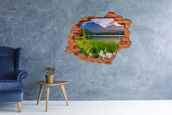 3D wall hole wallpaper Mountain landscape by the lake