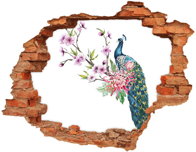 3D wall hole wallpaper Peacock among flowers