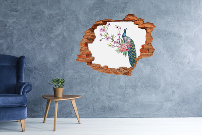 3D wall hole wallpaper Peacock among flowers