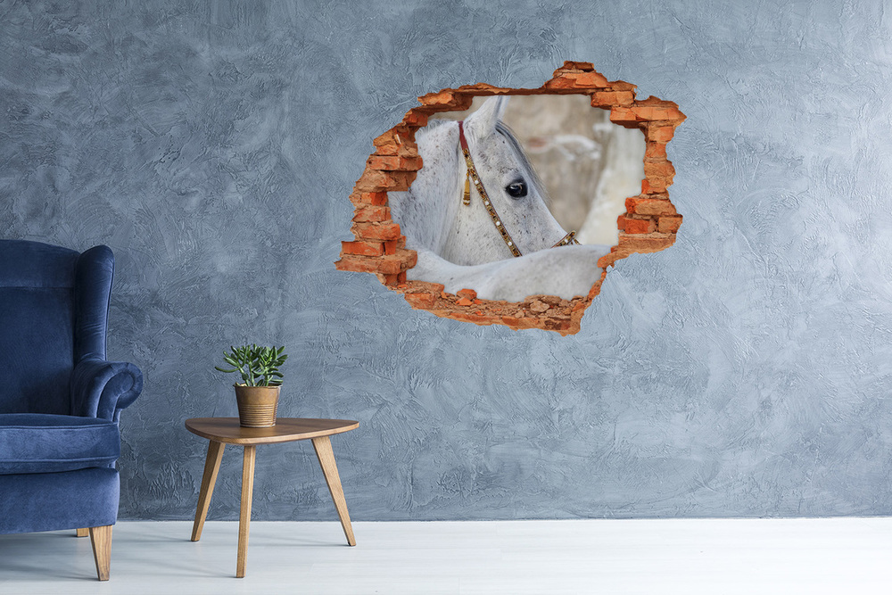 3D wall hole wallpaper White Arabian horse