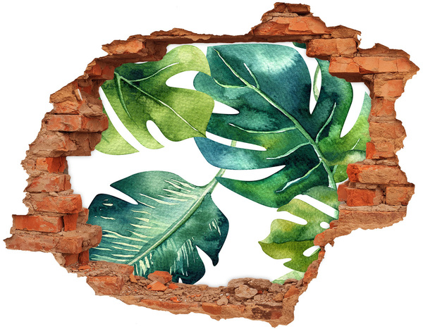 3D wall hole Green tropical leaves in a damaged wall