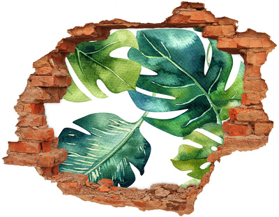 3D wall hole Green tropical leaves in a damaged wall