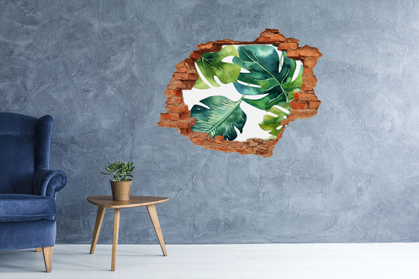 3D wall hole Green tropical leaves in a damaged wall