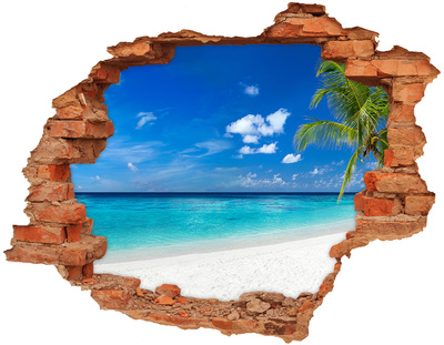 3D wall hole wallpaper Tropical beach with a palm tree