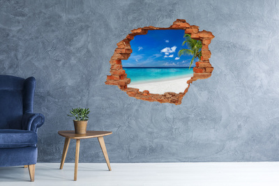 3D wall hole wallpaper Tropical beach with a palm tree
