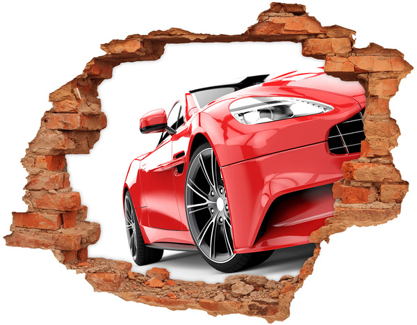 Hole wall sticker Red sports car behind the hole in the wall