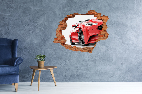 Hole wall sticker Red sports car behind the hole in the wall