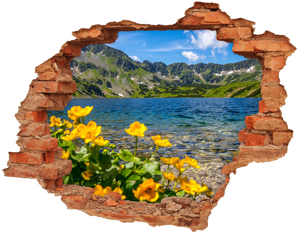 3D wall hole wallpaper Mountain landscape by the lake
