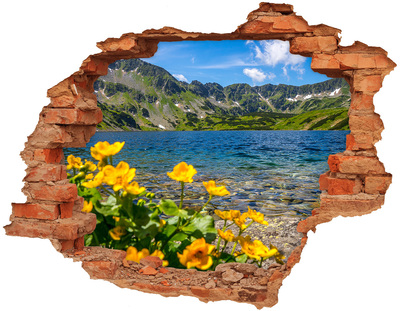 3D wall hole wallpaper Mountain landscape by the lake