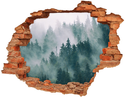 3D wall hole wallpaper Green forest in the clouds