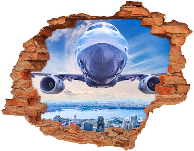 3D wall hole wallpaper A plane over the city
