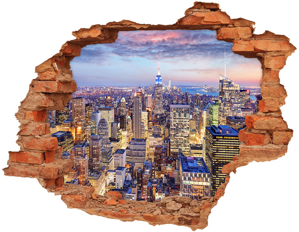 3D wall hole New York skyline at night