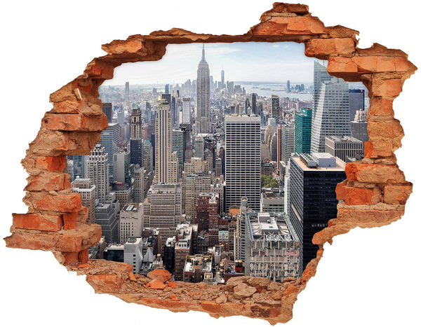 Hole wall sticker View of the city from a hole in the wall