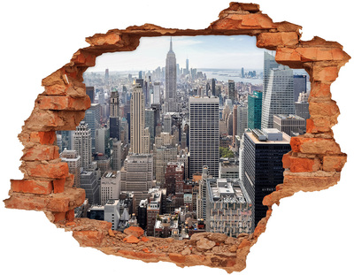 Hole wall sticker View of the city from a hole in the wall