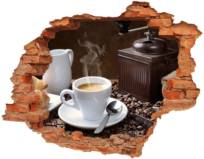 3D wall hole wallpaper Croissants and coffee