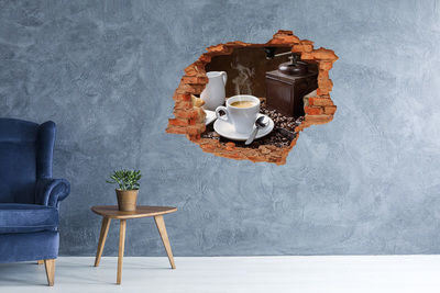 3D wall hole wallpaper Croissants and coffee