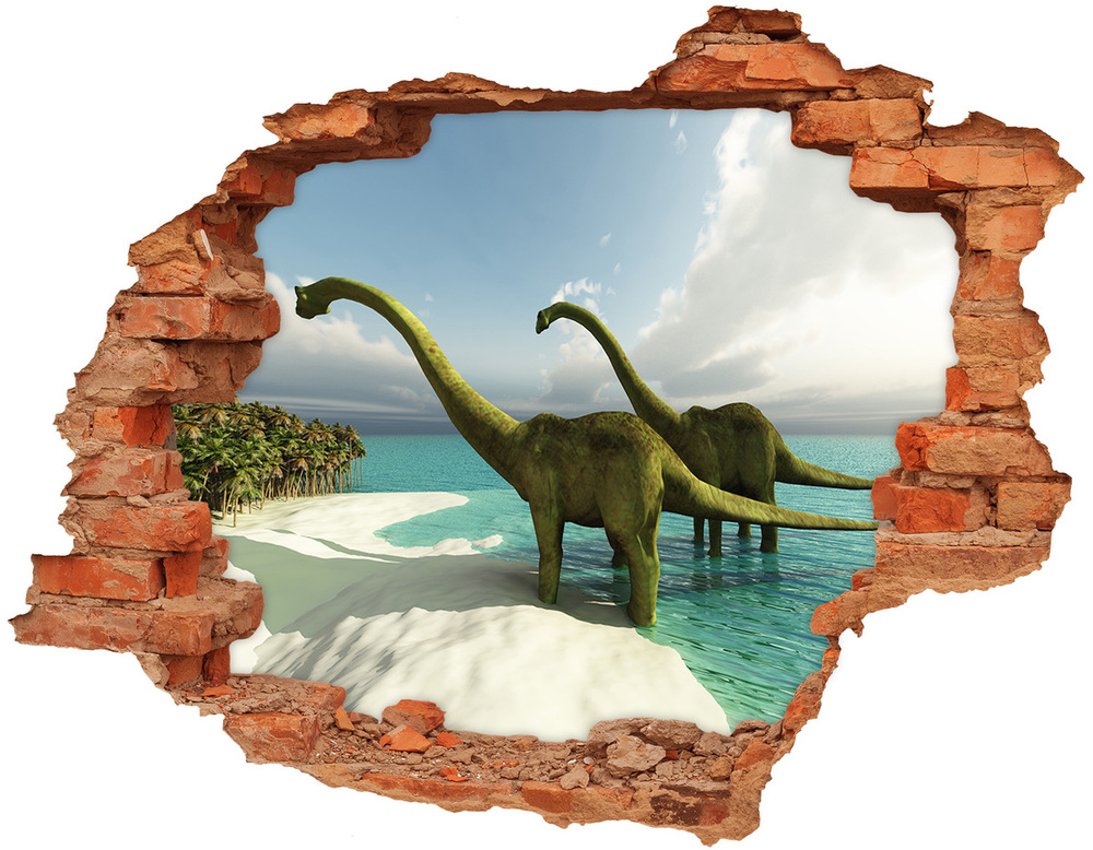 3D wall hole wallpaper Dinosaurs on the beach