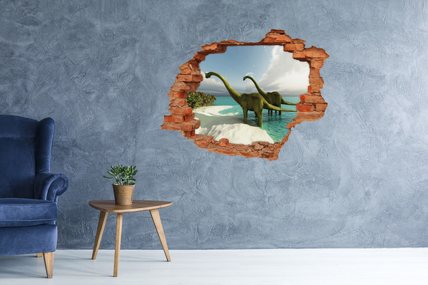 3D wall hole wallpaper Dinosaurs on the beach