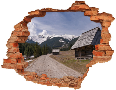 3D wall hole wallpaper Mountain landscape with huts
